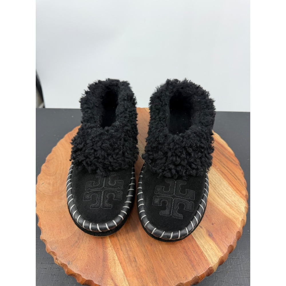 Tory Burch Shearling Moccasin Slippers Womens 8 Black Suede Logo Whipstitch